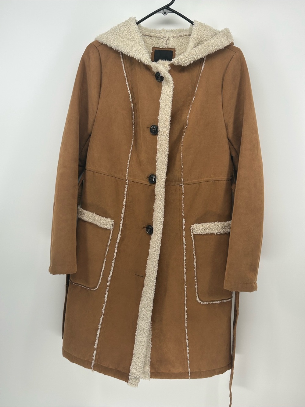 Forever 21 Tan Hooded Faux-Suede Trench Coat with Cream Shearling Trim